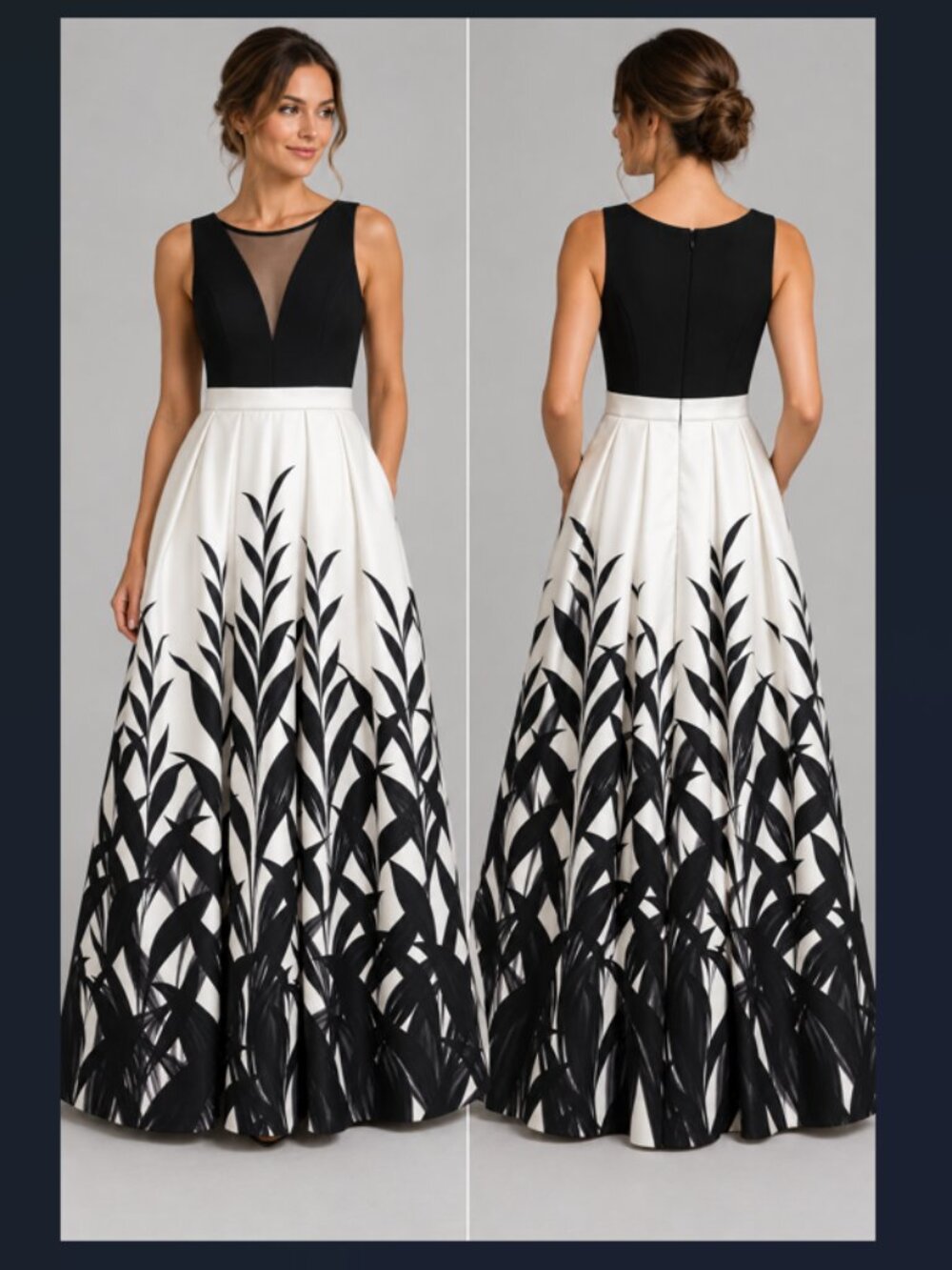Black & White Botanical Floral Formal A-line Evening Gown Juniors Size 3